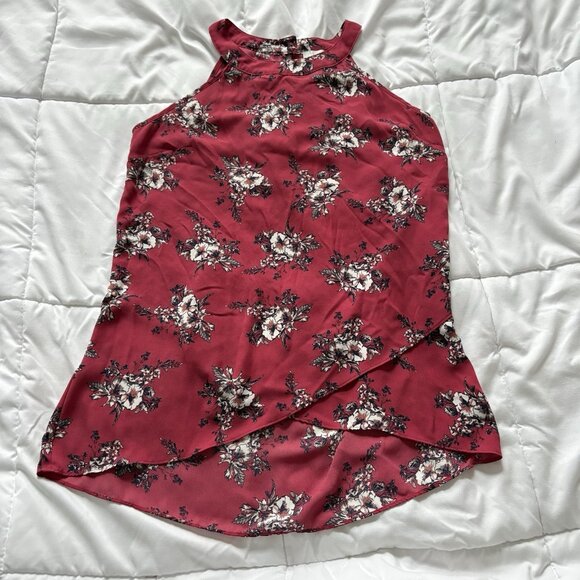C Womens Size Small Blouse Sleeveless Red White Floral High Neck Layered - Picture 1 of 8